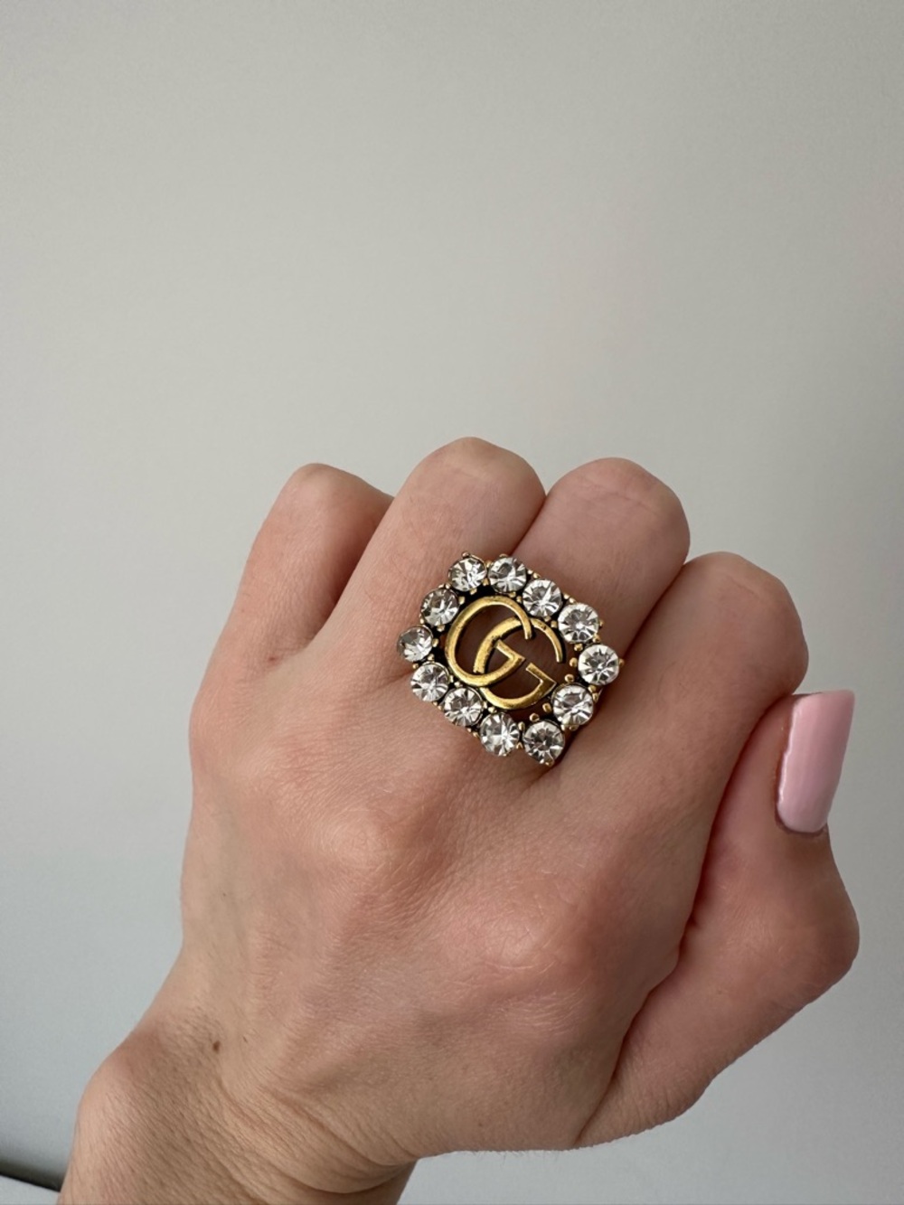 Gucci Gold-Tone Crystal Logo Ring